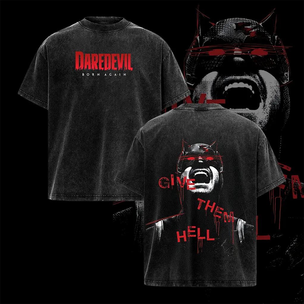 Daredevil Devil of Hell’s Kitchen Comics Edition Round Neck T-Shirt, Classic Apparel Clothes, Double-Printed Oversize Soft Lightweight Acid-Washed Cotton Streetwear Graphic Top