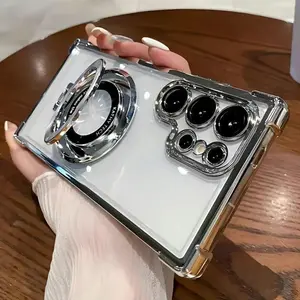 Transparent Corner Airbag Phone Case with Lens Film and Stand, Shockproof Protection for Samsung Galaxy S25 Ultra S24 Ultra S23 Ultra S22 Ultra S21 Ultra