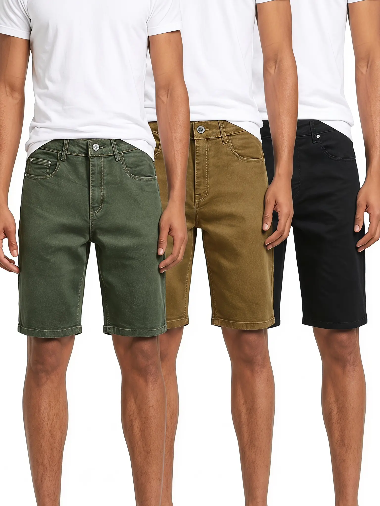 Men's 3-PACK Stretch Denim Shorts, Button Closure, Zipper Fly, Moisture-Wicking Stretch Twill Fabric, Reinforced Seams, Double-Stitched, Casual Summer Walking Bottoms