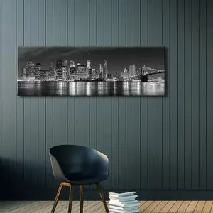 Art New York Manhattan Night View in Black and White Giclee Canvas Prints Modern Stretched and Framed Art work Cityscape Picture