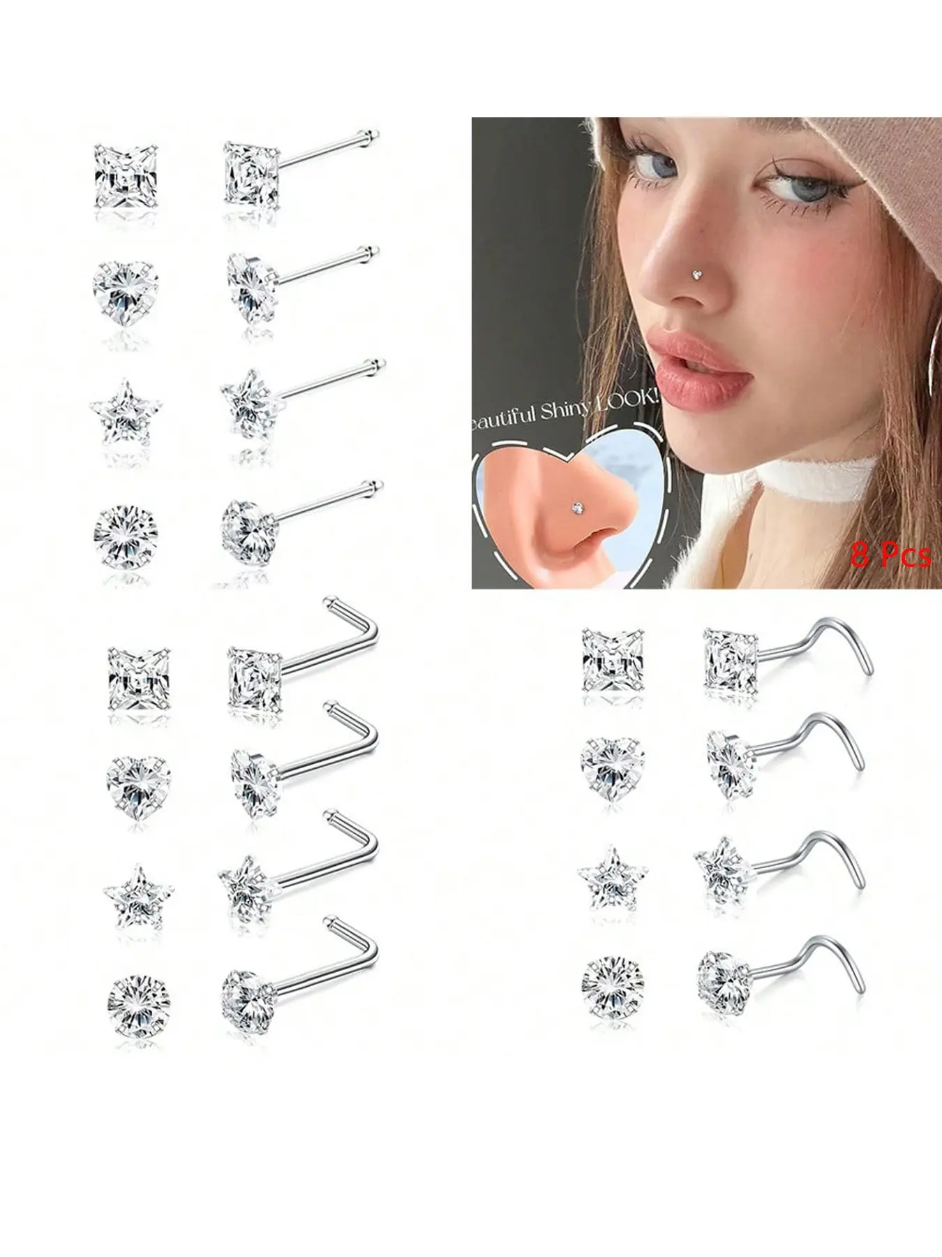 20g Stainless Steel Rhinestone Nose Ring, Hypoallergenic Cubic Zirconia Studs, Heart Star Design, Casual Nose Piercing Jewelry for Women & Girls