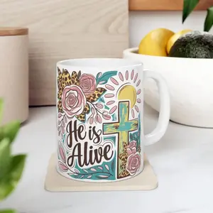 He Is Alive Christian Mug Easter Cross Coffee Cup Bible Verse Gift for Her Jesus Resurrection Mug Floral Faith Cup Religious Gift Idea