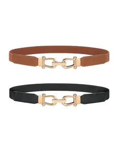 2pcs Women Stretchy Waist Belt Retro Elastic Skinny Belt Casual Dress Belt for Ladies with Gold Buckle , Versatile Fine Decorative Sweater Dress Cincher