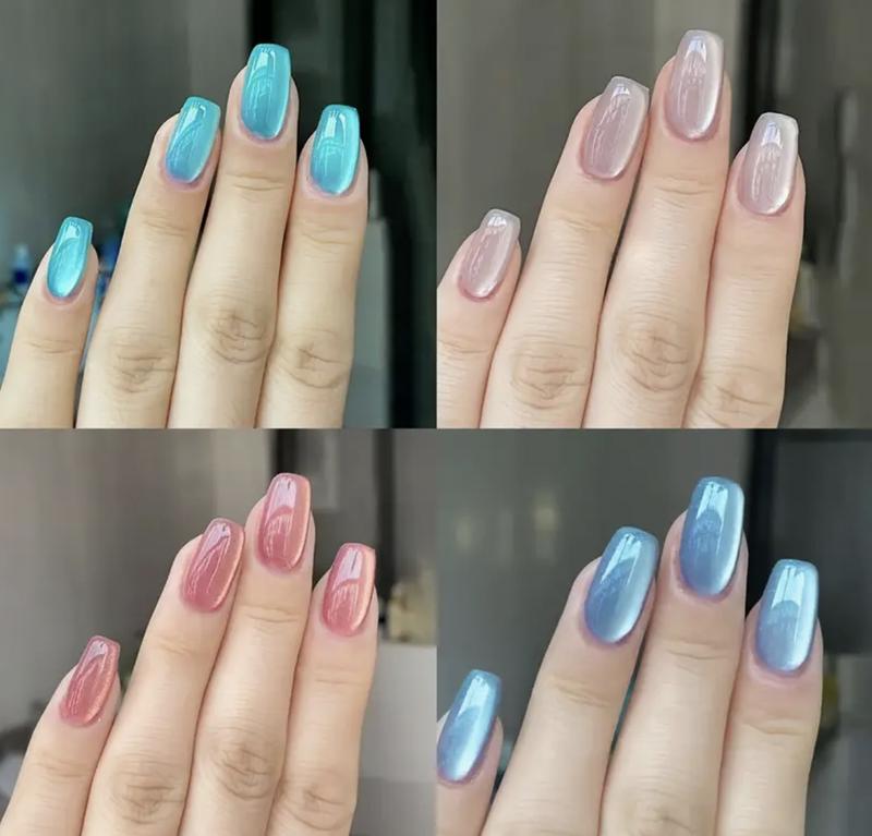 4 Box (96pcs) Square Cat Eye Press Nails Nude Green Blue Pink White Moonlight Full Covered Fake Nails Reusable Fake Nails For Women And Girls