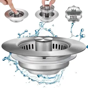 3-in-1 Kitchen Sink Drain Strainer Stainless Steel Sink Plug Deodorizing Anti-Clog Basket Strainer for US Standard 3-1/2 Inch Drains 304 Stainless Steel Quality