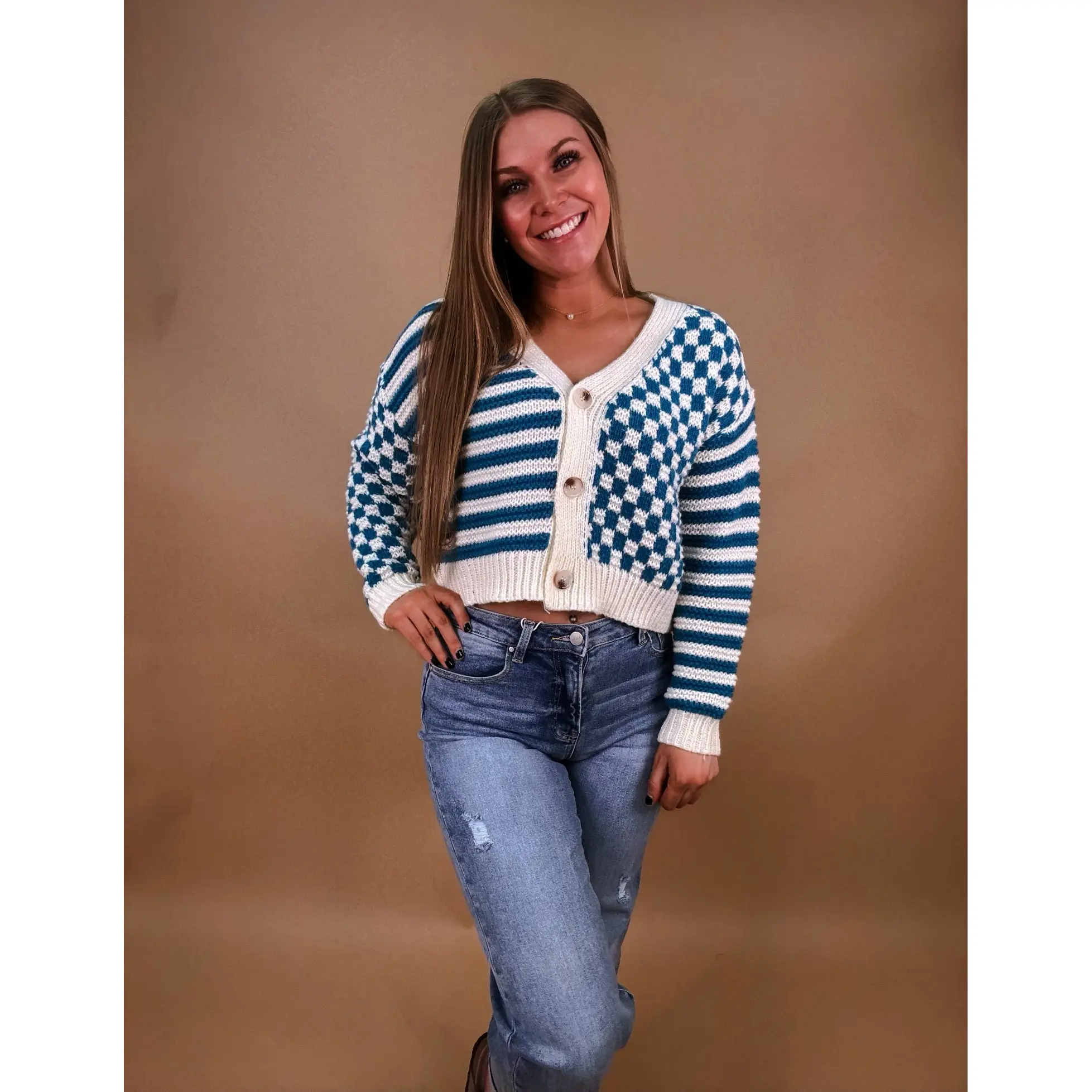 Checked into you cardigan- Teal
