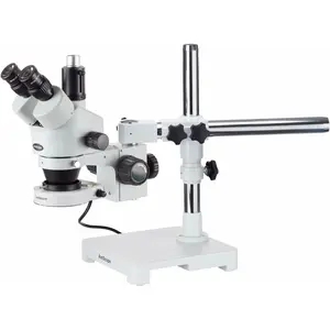 AmScope SM-3TX-80S Professional Trinocular Stereo Zoom Microscope, WH10x Eyepieces, 3.5X-45X Magnification, 0.7X-4.5X Zoom Objective, 80-Bulb LED Ring Light, Single-Arm Boom Stand, 90V-265V, Includes 0.5X Barlow Lens