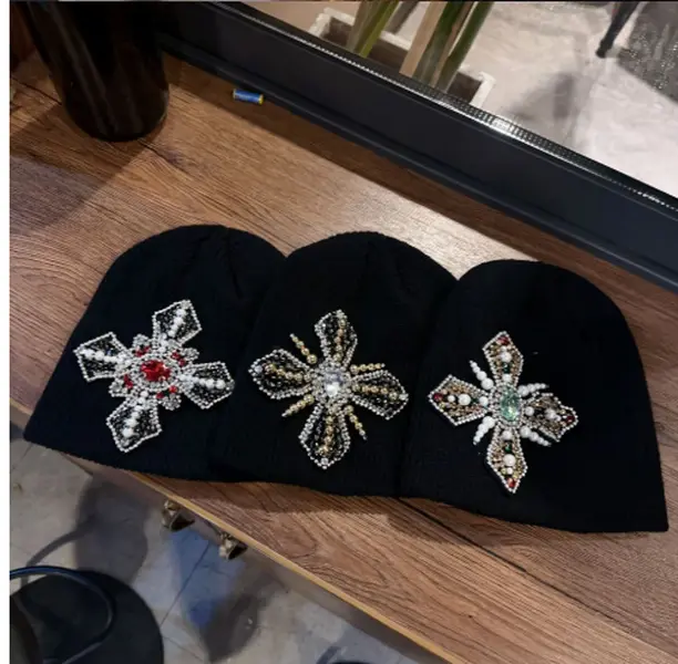 Women's Black Knit Beanie - Ornate Cross Design with Bead and Gemstone Embellishments - Retro-Fit Autumn Winter Street-Hip-Hop Fashion Accessory Hat
