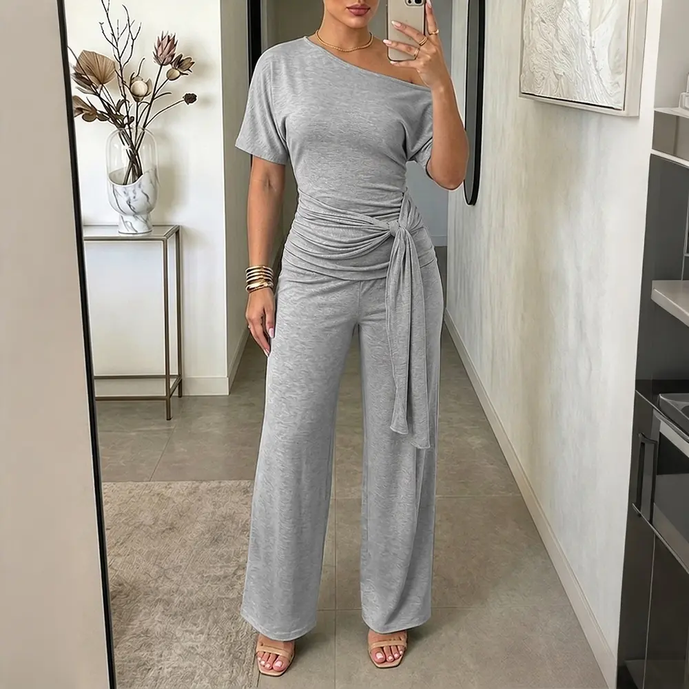 CHICME Women's Skew Neck 2 Piece Outfits Ruched Tie Waist Short Sleeve Top and High Waisted Wide Leg Pants Lounge Set