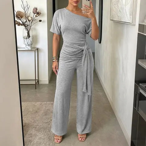 CHICME Women's Skew Neck 2 Piece Outfits Ruched Tie Waist Short Sleeve Top and High Waisted Wide Leg Pants Lounge Set