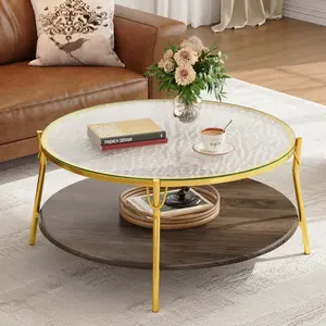 Modern Round Walnut 2-Tiered Coffee Table with Glass Top and Gold Base for Living Room, 29.9"Elegant Design and Sturdy Gold Base