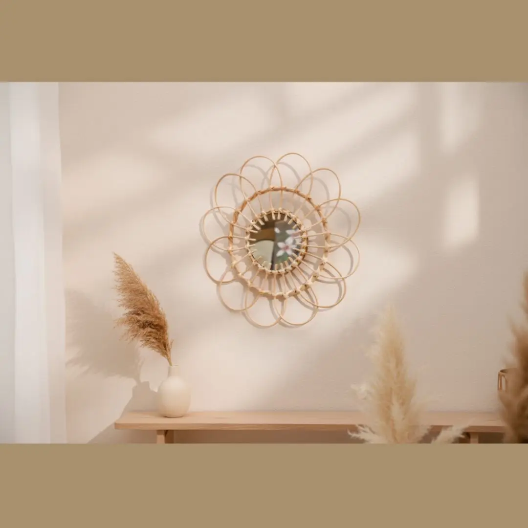 Handwoven Rattan Sunflower Wall Mirror — Boho Bloom Bohemian Wall Decor