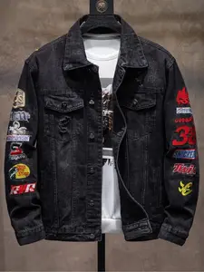 Men's American Denim Jacket Casual Distressed Embroidered Vintage Washed Black Loose Fit for Spring Autumn Winter Menswear Coats Tops Long Sleeve Long Sleeve Collared