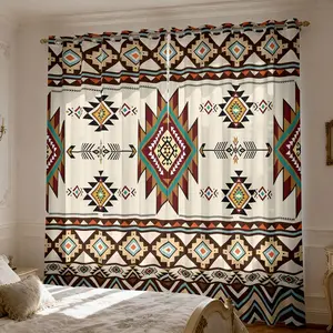2-piece retro national style geometric curtains Bohemian diamond printed filter translucent curtains, suitable for machine washable decorative curtains in living rooms, bedrooms, kitchens, etc., Home Decoration Curtain
