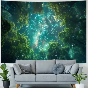 Starlit Forest Landscape Polyester Tapestry - Soft Peach Pattern Wall Hanging for Living Room, Bedroom, Dormitory Decoration