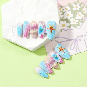 30pcs French Almond Nail Art Flower Design, Fashion Pearl Glitter Rhinestone Nails, Removable Reusable Wearable Nail Tips