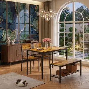 4 Piece Rectangular Dining Table Set with 2 Backrest Chairs and Bench, Retro MDF Metal Frame Kitchen Dinette, Space Saving Multi-Function Dinner Table for Home Dining Room Living Room Household Daily Use