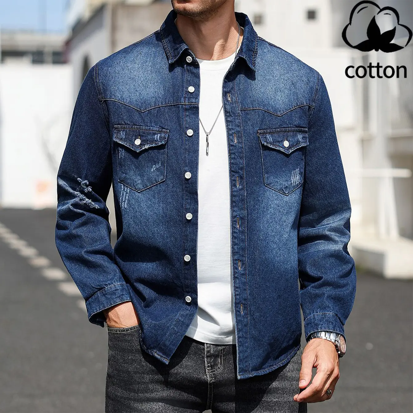 Men's Regular‑Fit Western Distressed Long‑Sleeve Denim Shirt, Dark‑Wash Vintage Frayed Button‑Down Casual Top