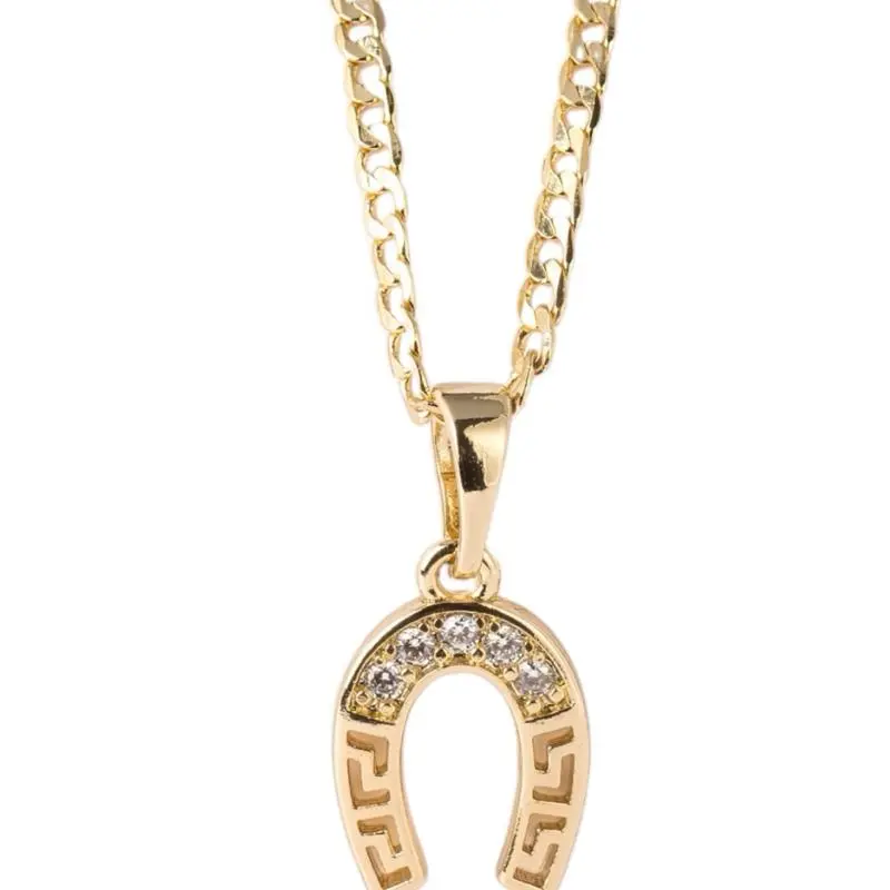Auspicious Lucky Horseshoe Pendant Necklace - 2mm Slim, 18in or 20in Length, Gold-Plated CZ Chain, Faux Diamond Design, Elegant Daily & Business Wear, Versatile Styling Options