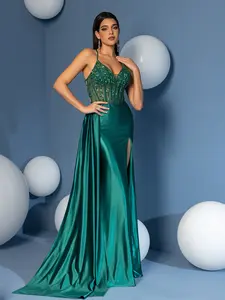 Spaghetti See Through Bodice Prom Dress Sexy Column Beaded Criss-Cross Back Green Evening Party Cocktail Formal Wear Women's Sleeveless Dress