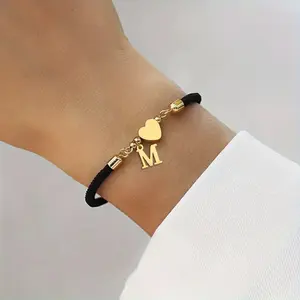 1pc Initial Heart Charm Letter Link Bracelet, Fashion All-match Jewelry for Women, Retro Adjustable Rope Bracelet for Daily Use