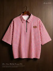 Men's casual polo shirt, a young and stylish zip-up polo shirt, made of simple and casual striped fabric, suitable for everyday wear, short-sleeved collared T-shirt/polo shirt.