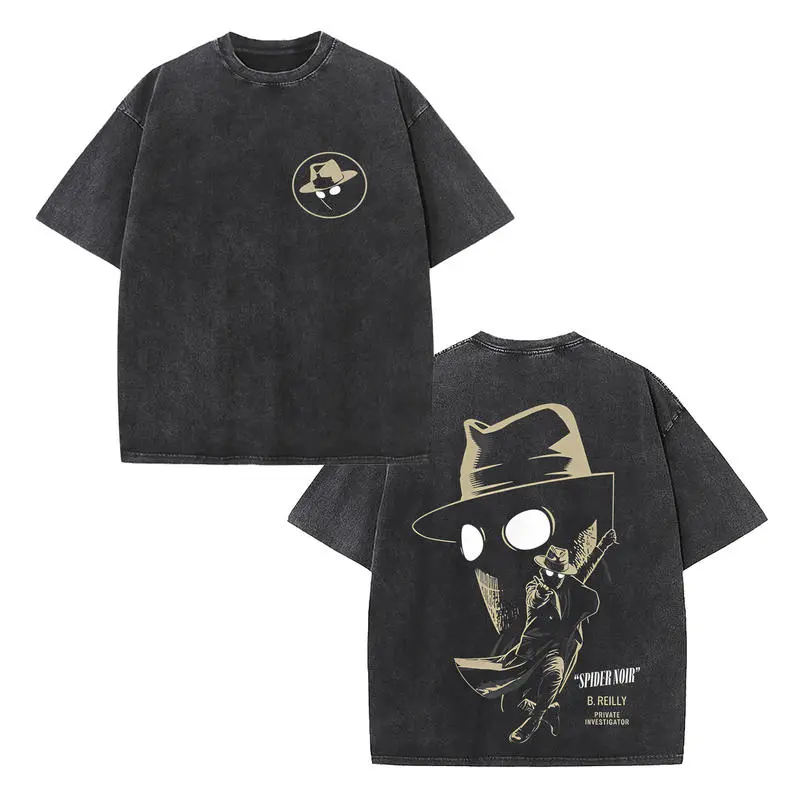 Retro Spider-Noir (B. Reilly) "Private Investigator" Double-Sided Vintage Washed T-Shirt, MCU Spider-Verse Noir Graphic Tee, Unisex Oversized Heavyweight Cotton Streetwear Top, Ideal Gift for Spider-Verse Fans & Superhero Lovers