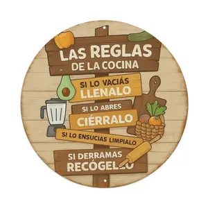 2D Flat, 1pc 8'’ Round Aluminum "Las Reglas De La Cocina" Spanish Kitchen Metal Sign.Rustic Wood Design, Pre-drilled Holes, Suitable for Kitchen, Dining Room, Apartment.Durable Indoor/Outdoor Decor, Functional Gift for Spanish-Speaking Homeowners