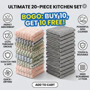 Buy 10 Get 10 Free | 20 Pack Total Non-Scratch Steel Wire Cleaning Rags + Absorbent Coral Fleece Microfiber Dish Cloths for Kitchen Home Cleaning ：
