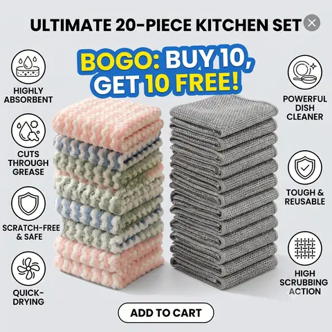Buy 10 Get 10 Free | 20 Pack Total Non-Scratch Steel Wire Cleaning Rags + Absorbent Coral Fleece Microfiber Dish Cloths for Kitchen Home Cleaning ：