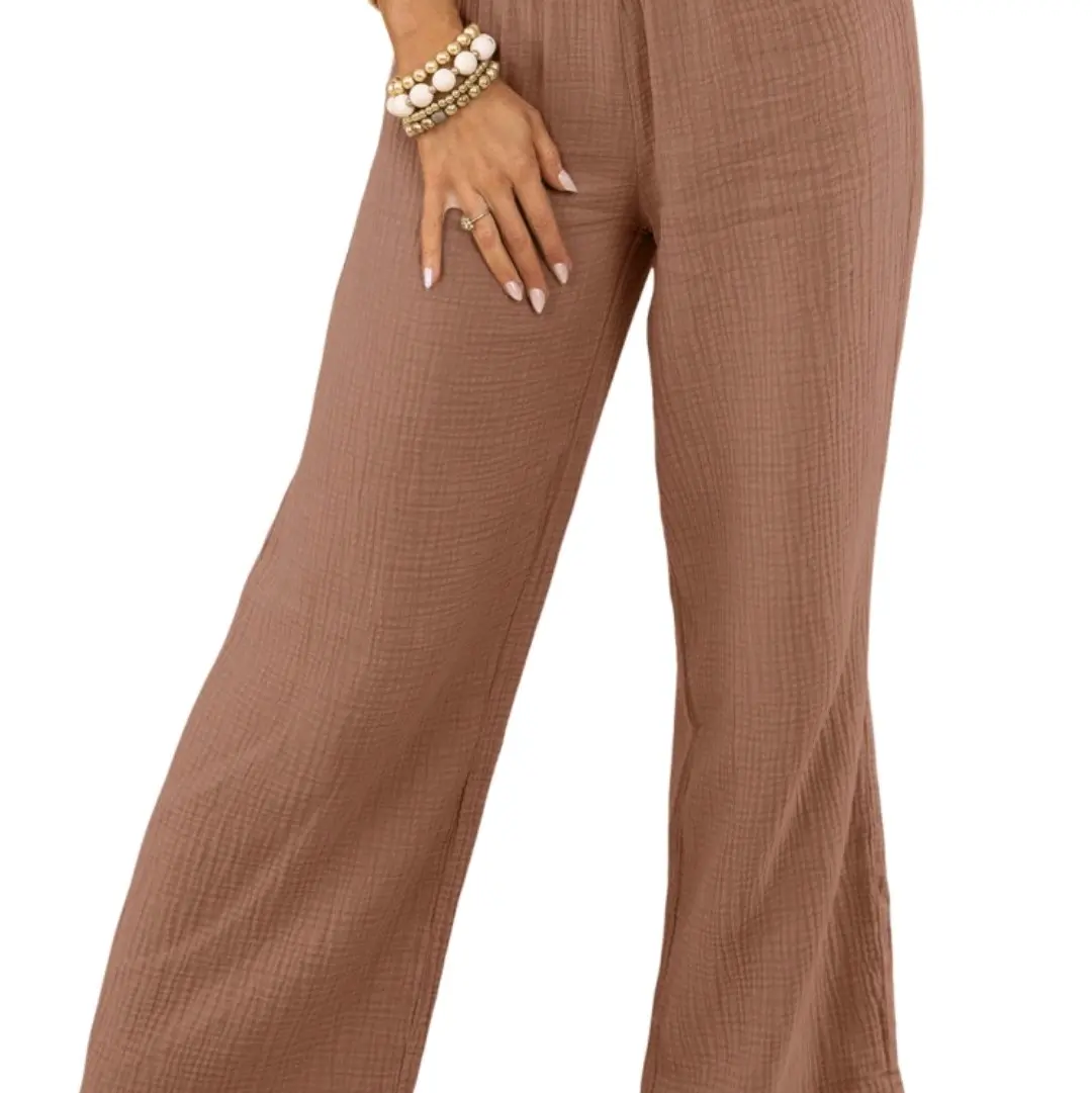 Pink Textured High Waist Wide Leg Plus Size Pants Bottom Comfort Casual Comfortable Day Trouser