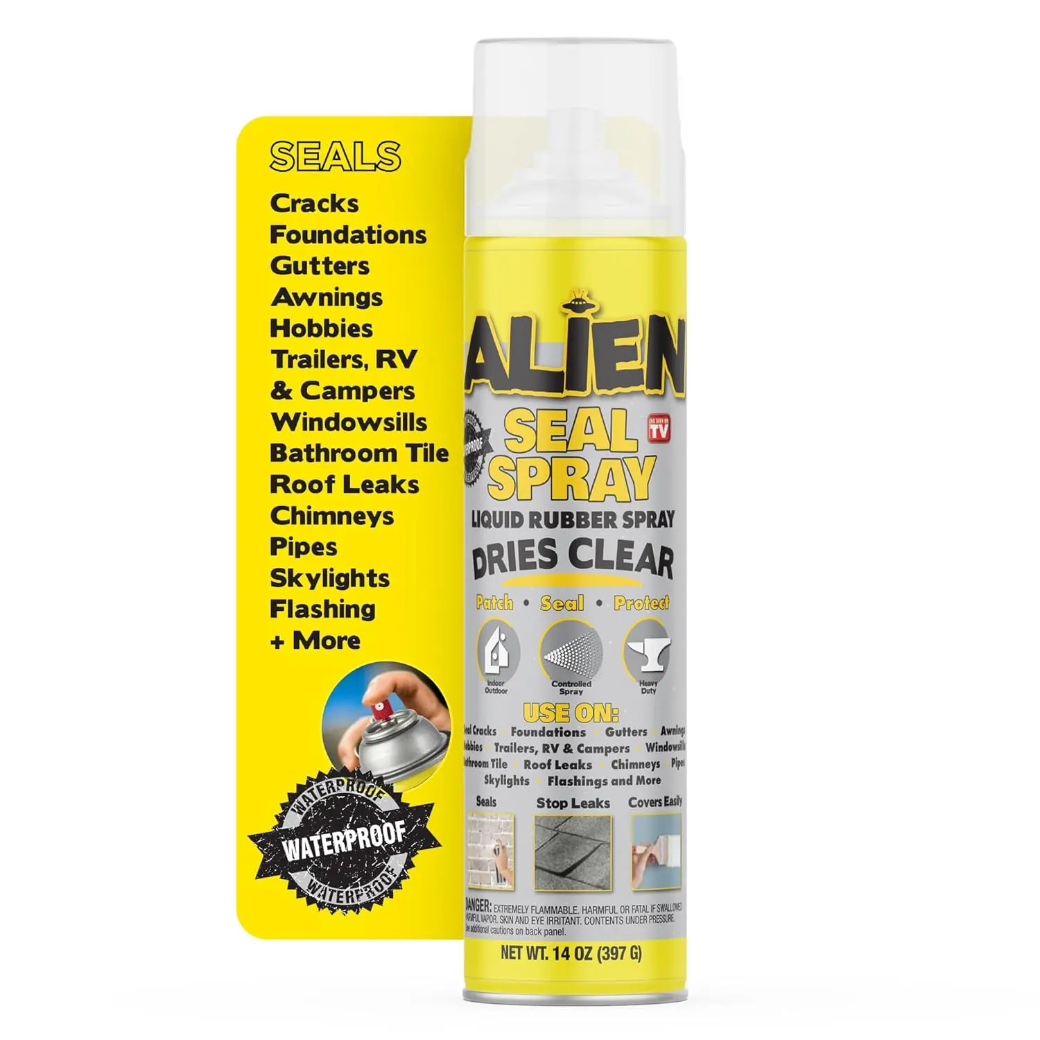 Alien Seal Spray Liquid Sealant Spray, Waterproof Liquid Rubber Spray Prevents Patches and Seals Leaks, Protects Surfaces, Works on Most Materials, Long Lasting, Dries Black or Clear-1 Can (14 Oz)