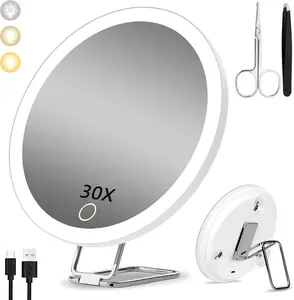Magnifying Mirror with Light 30X, Large 6" Rechargeable 3 Colors Modes Dimming Lighted Makeup Mirror with 30X Magnification, LED Travel Magnified Mirror with 3 Suction Cups and 360 Table Stand