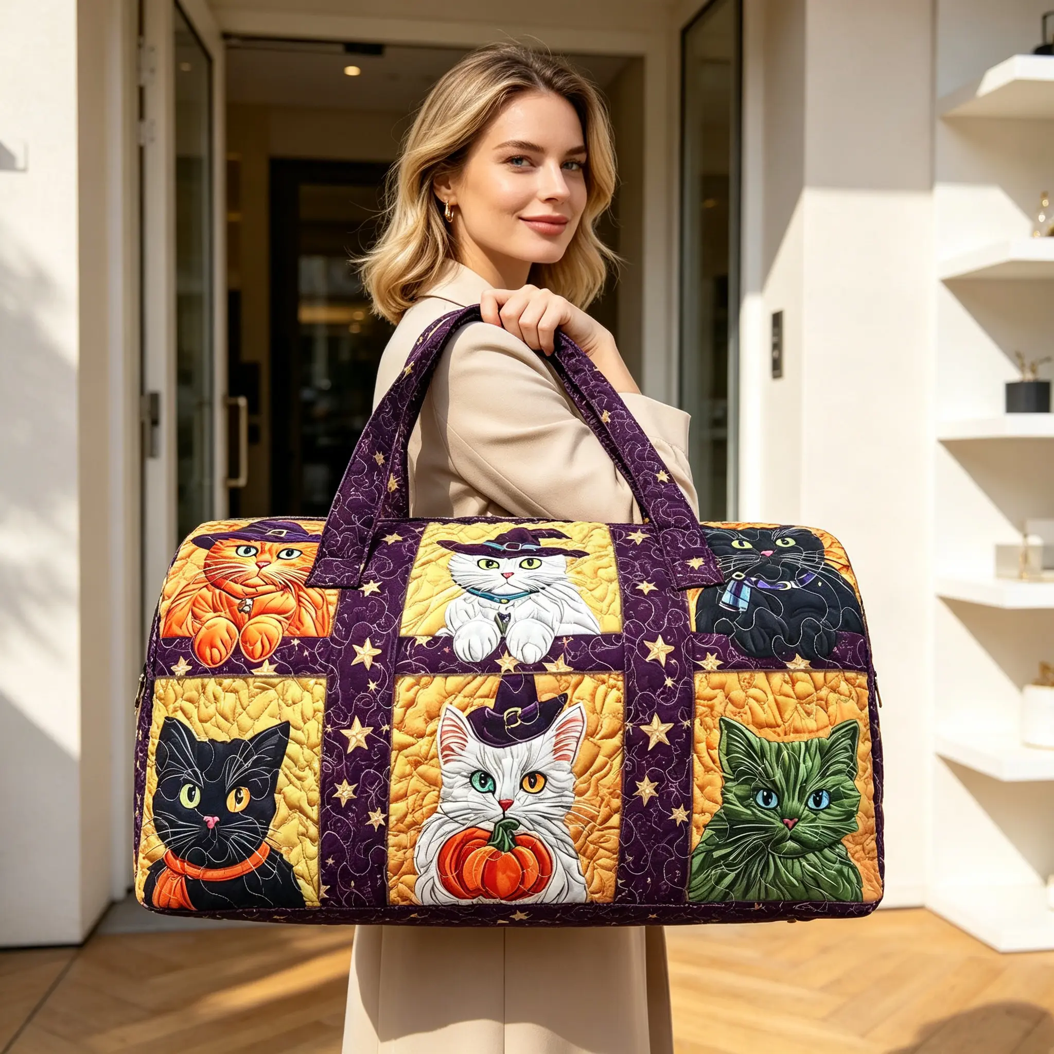 Halloween Cat Quilted Travel Bag, Pumpkin Witch Cat Weekender Duffel, Large Capacity Carry-On Tote for Weekend Getaways, Fall Seasonal Gift for Women Cat Lovers