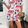 2-piece set of women's white background with strange stories, letter printed patterns, short sleeved shorts, fitted top, small pocket lapel design, elastic waistband, home casual women's pajama sleepwear set, Nightwear pajama set, Fitted pajamas