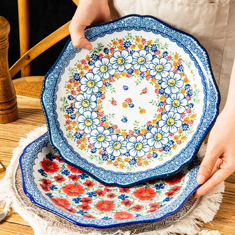 Oversized Bohemian Polish Printed Ceramic Round Dinner Plate, Large Flat Serving Tray for Steak, Braised Chicken & Daily Family Meals