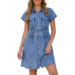 GRAPENT Denim Dresses for Women Short Sleeve Babydoll Pleated Raw Hem Distressed Casual Western Jean Dress with Pockets Summer Womenswear solid color woman summervibes outdoorfun
