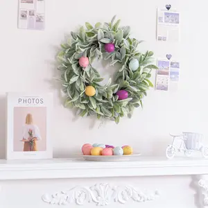 ZT FLOWER Spring Easter Artificial Flocked Lamb Rabbit Ear Leaves & Colorful Egg Wreath Home Decor Wall Hanging Centerpiece
