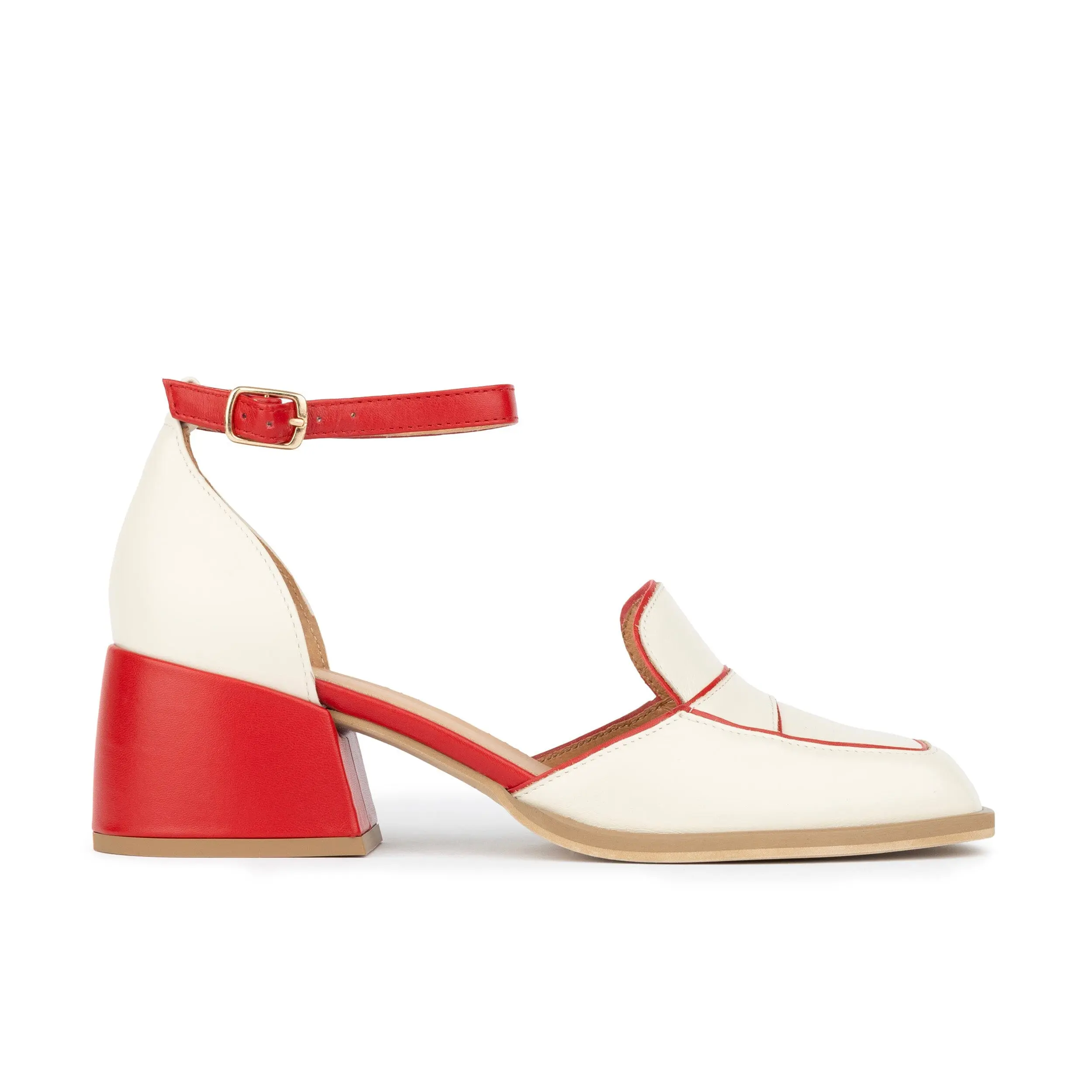 Mayfair Red & Cream Women's Heel - 2.5" Block Heel, Italian Leather, Ankle Strap, Padded Insole, Comfortable & Stylish