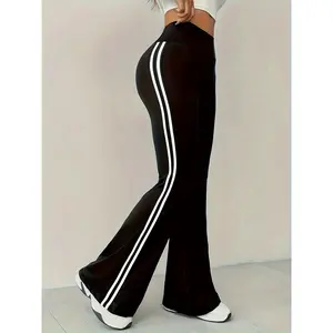Women'S-Waisted Tummy Control Flared Pants, Striped Contrast, Casual Bell Bottoms, Polyester 90% Elastane 10%, Medium Stretch, Solid Color, Knit, 180g/m² - Joggers Style
