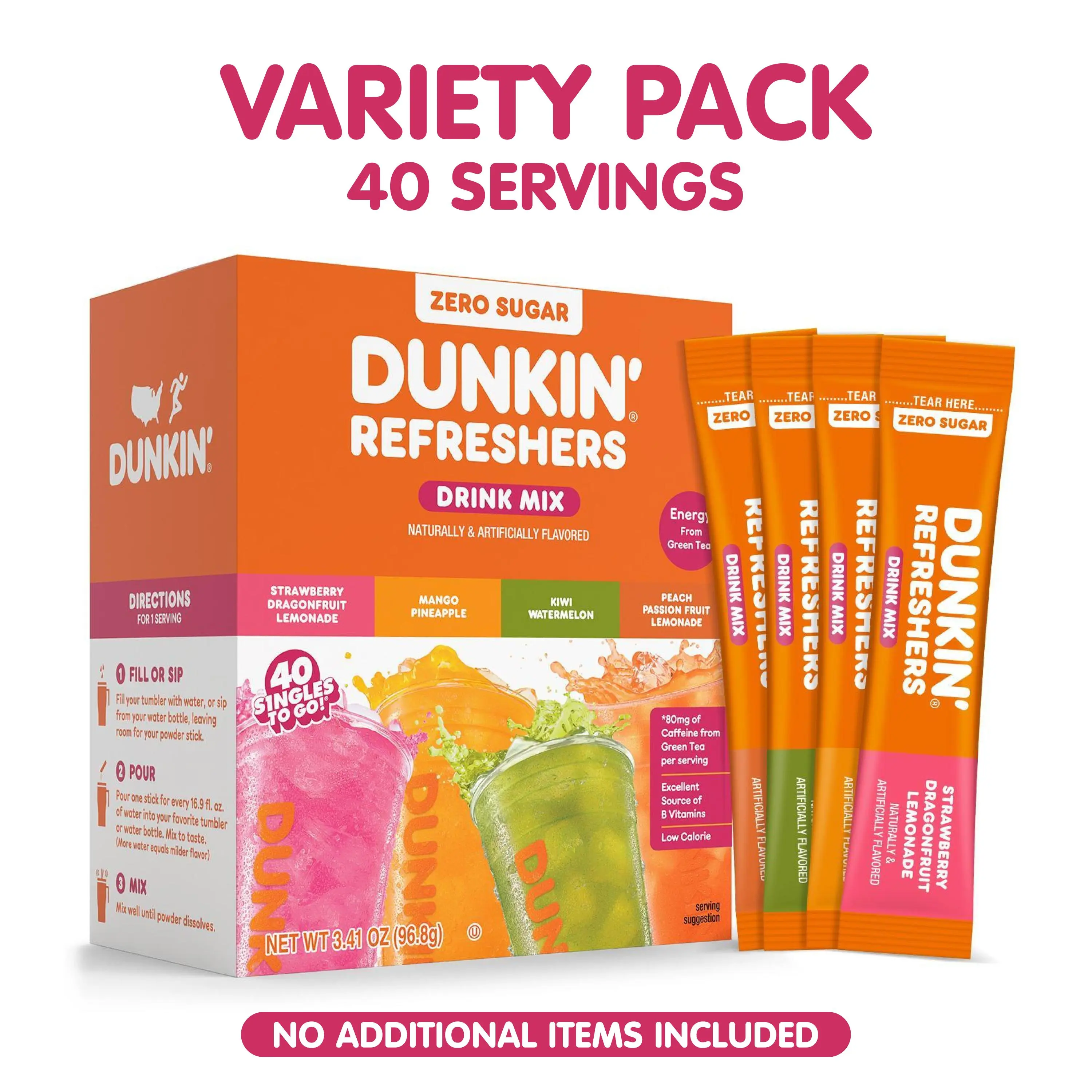 NEW! VIRAL ON TIKTOK! Dunkin' Refreshers Sugar Free Singles To Go | Variety Pack 40ct | Peach Passion Fruit 10ct | Strawberry Dragonfruit | Lemonade 10ct Mango Pineapple 10ct