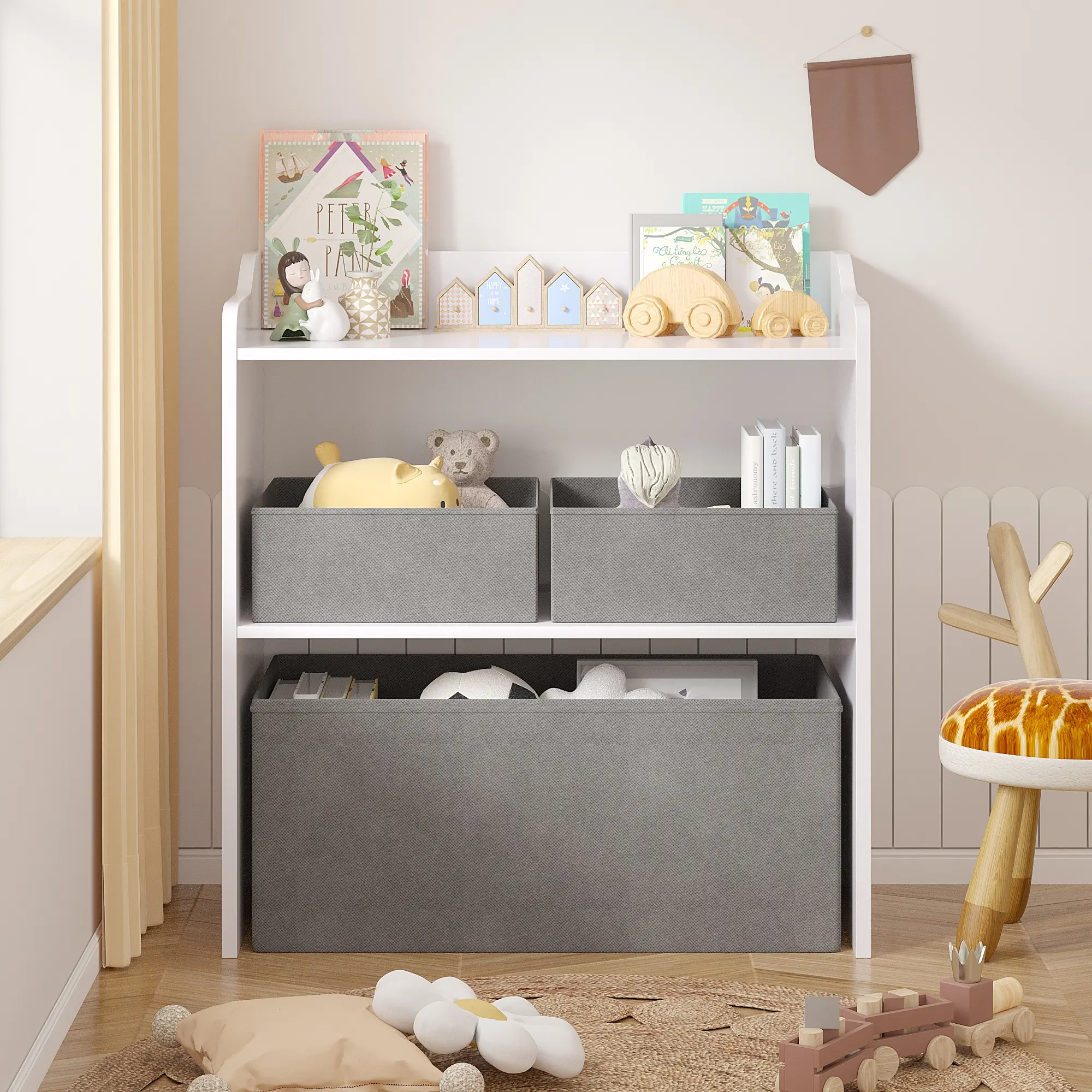VECELO Kids Toy Storage Organizer with 3 Storage Baskets, Kids Multi-Tier Bookshelf for Books, Toys, Bedroom Storage Organizer - White