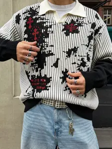 Men's Spring Autumn Winter New Fashion Colorblock Striped Gothic Style Mock Neck Pullover Sweater, Loose Fit Knit Two-Piece Top