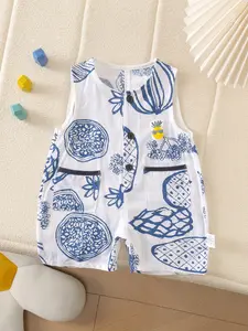 Summer Thin Baby Banana Leaf Wide Shoulder Short Jumpsuit, Casual Printed Romper for Toddlers, Comfortable Soft Fabric, Perfect Gift，Children's Day gift, one-year-old gift, Valentine's Day gift, wedding ceremony and St. Patrick's Day gift