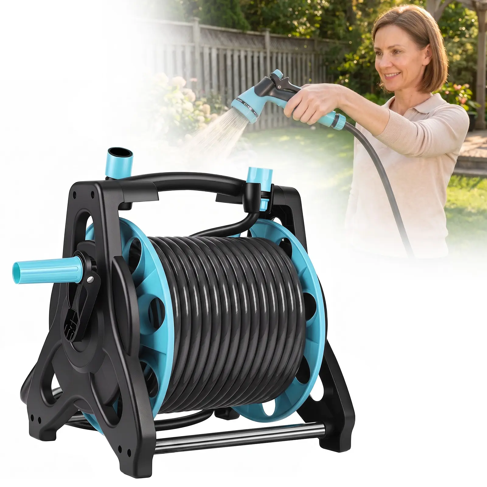 100FT Wall-Mounted Garden Hose Reel Kit Set, Heavy-Duty Anti-Kink Weather-Resistant PVC+ABS Flexible Hose with 10-Pattern Adjustable High-Pressure Nozzle, Car Wash & Gardening Watering Equipment, Car Wash Equipment
