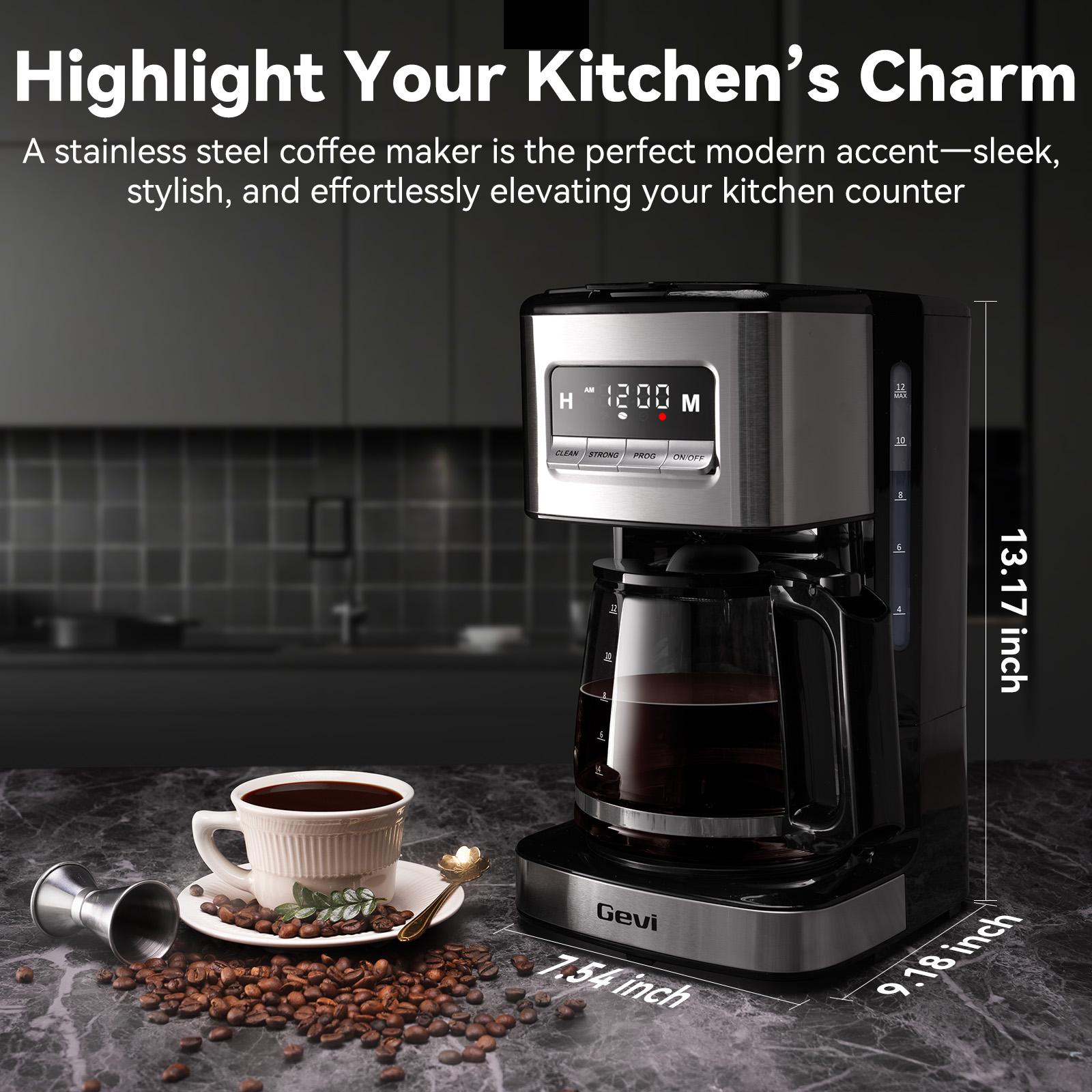 Gevi 12-Cup Coffee Maker with LED Touchscreen - 2 Brew Styles, 24H Programmable & Auto Keep Warm, 2-Hour Warm Function & Easy Clean, Compact 1.8L Coffee Machine