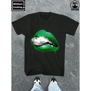 Witllent Men's 100% Cotton Lucky Green Design Printed Lips Coin T-Shirt Vintage T-Shirt, Men's Christmas 220g Heavy Cotton T-Shirt(1 PC)
