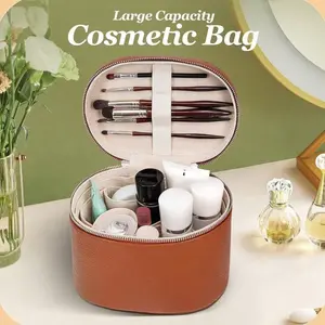 1pc Large-Capacity PU Leather Makeup Bag with Removable Divider, Portable Travel Cosmetic Organizer. Luxury Round Handheld Design, Lightweight & Waterproof. Great for Home, Travel & Business. Ideal Gift for Mom, Wife, Friends, Birthday & Mother’s Day.