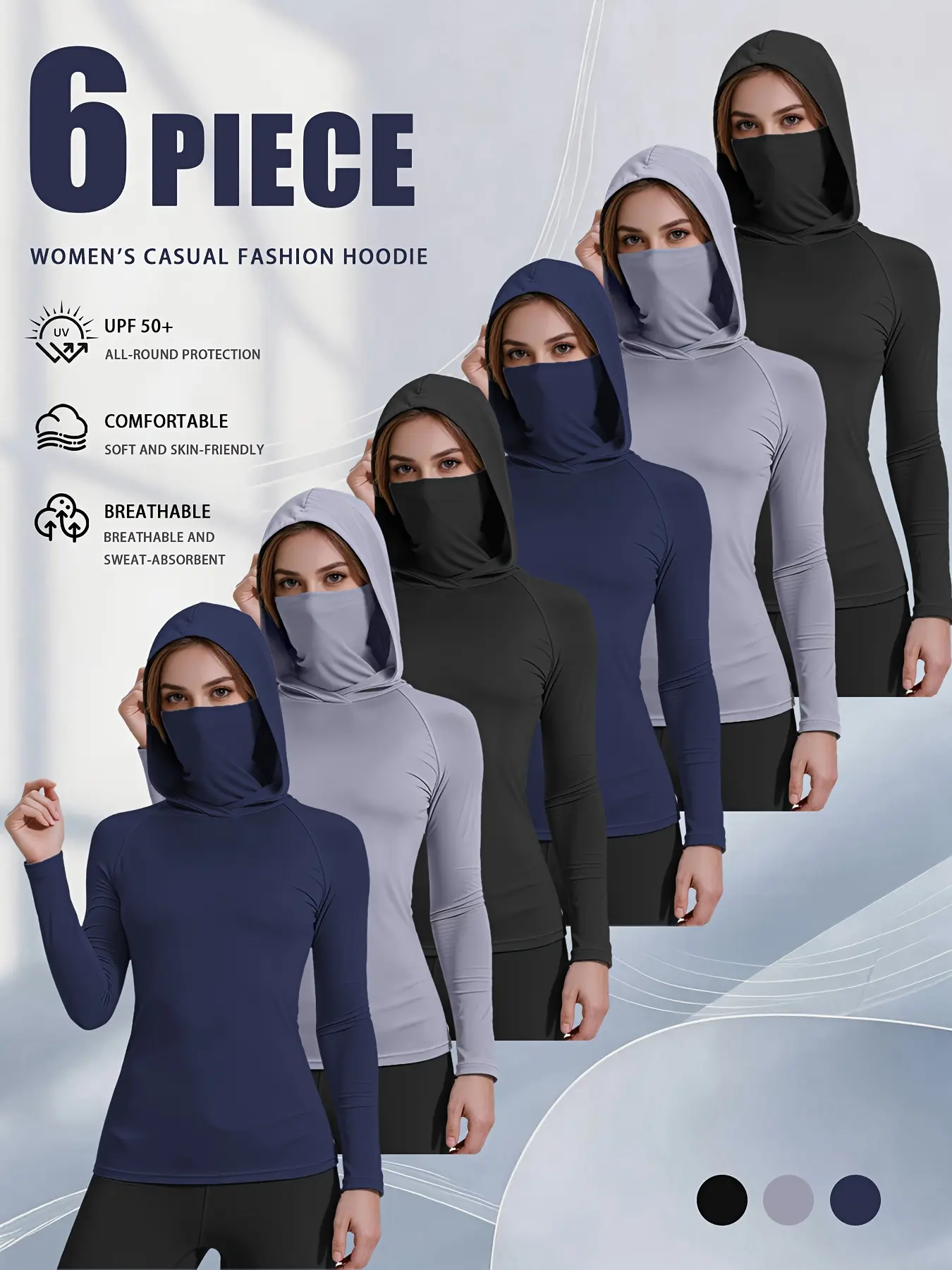 Women's 6-Pack UPF 50+ Sun Protection Hoodie Tops, Polyester Long-Sleeve Cooling Shirts with Built-in Face Mask for Outdoor Sports, Running/Hiking Athletic Performance