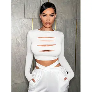 Cut Out Front Crop Tee  Women's Stand Collar Long Sleeve